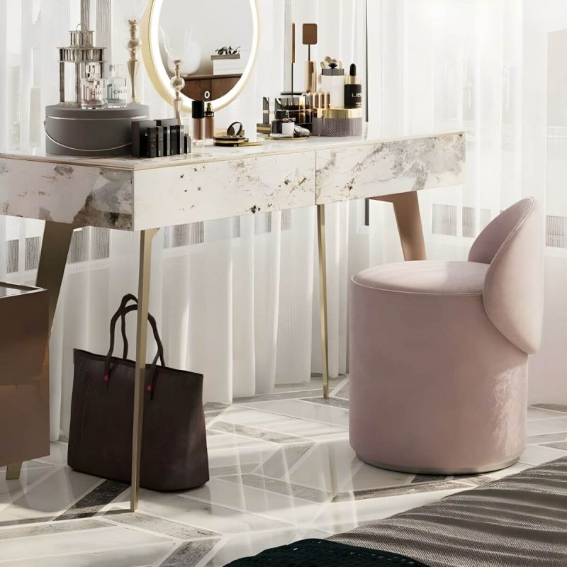 "Contemporary Pink Armless Swivel Vanity Stool with Upholstered Seat and Backrest - Genuine Leather"