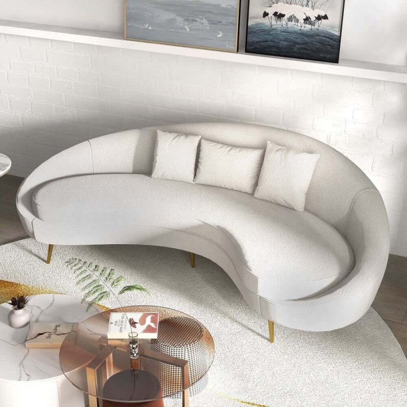 "95" Modern White Boucle Curved Sofa Stainless Steel Legs with Toss Pillows"