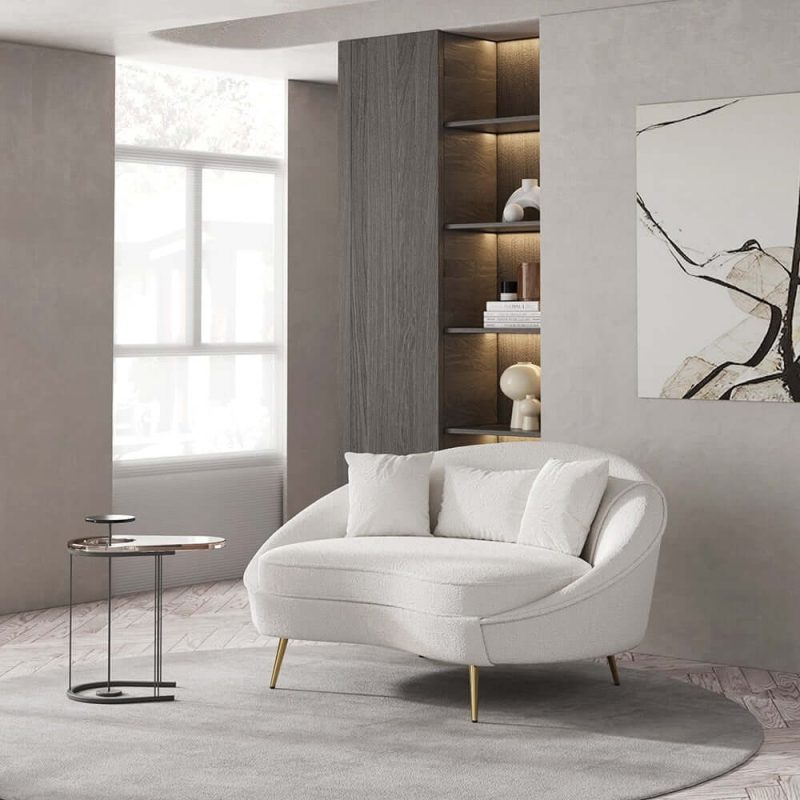 "63" Modern White Boucle Curved Sofa Toss Pillow Included"