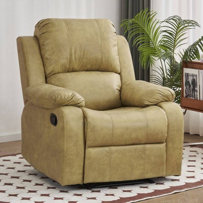 "Yellow Manual Recliner with Rotating Base, Lumbar Support, Wood Frame, Independent Foot Movement, Locking Back Angle, and Solid Color, Tech Cloth"