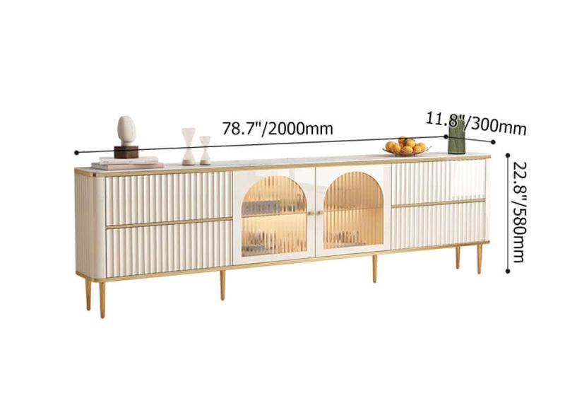 "Dimension of 80" White Glass Door Fluted Stone TV Stand Wood Media Cabinet for 85" TV with Drawers"