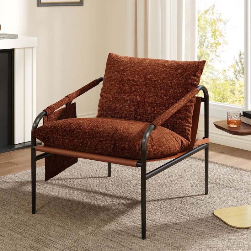 "Brown Chenille Accent Chair with Metal Frame"