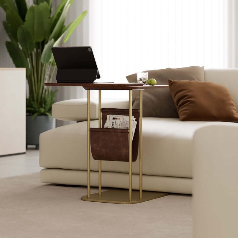 "C-Shaped Walnut & Gold Rotating Side Table with Storage"