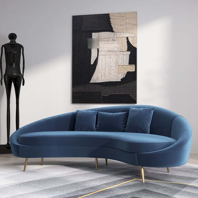 "Modern 95" Blue Velvet Curved 3 Seaters Sofa for Living Room"