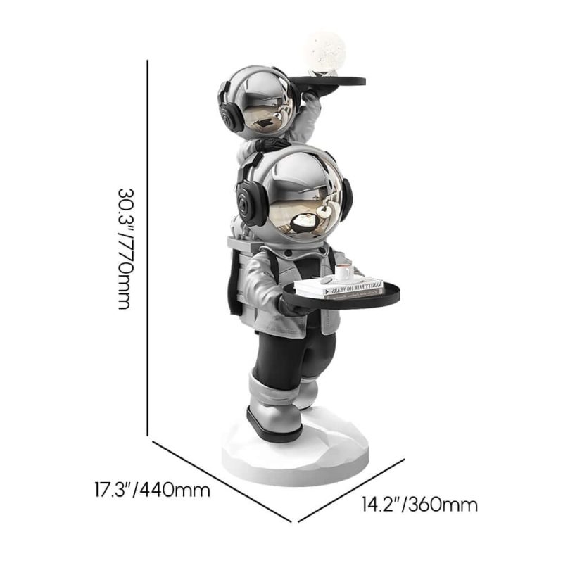 "Dimension of Astronaut Resin Figurine Silver Side Table with Tray Top"