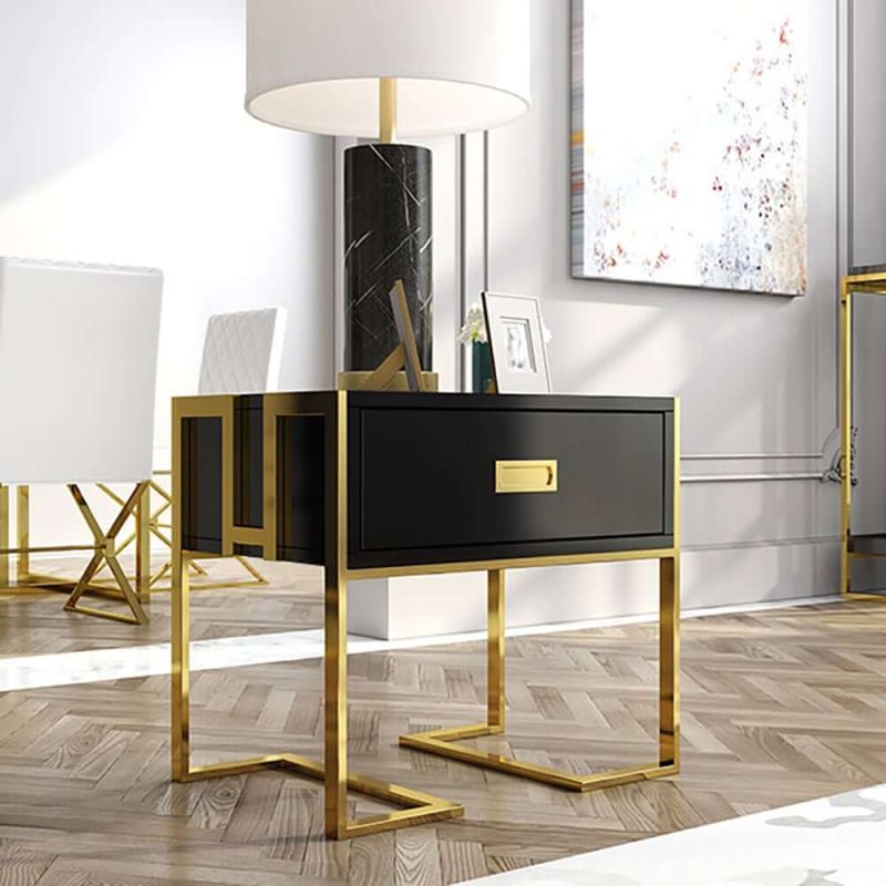 "Jocise Modern Black Wooden End Table with 1 Drawer & Golden Double Pedestal"