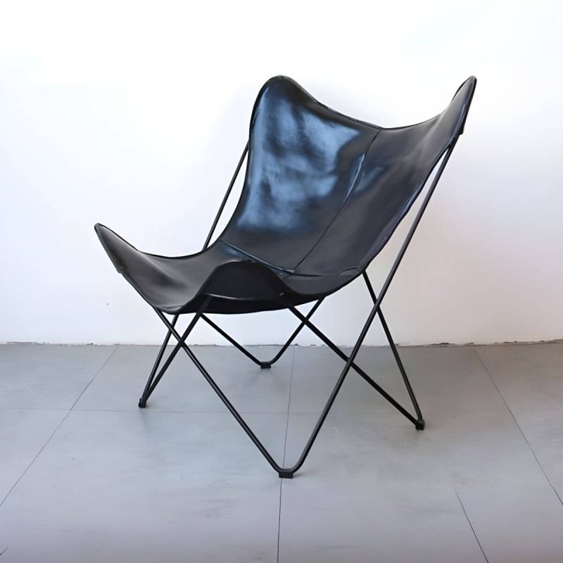 "Scandinavian Small Metal Recliner, Solid Color, Waterproof, With Legs - Black Black PU (Polyurethane)"