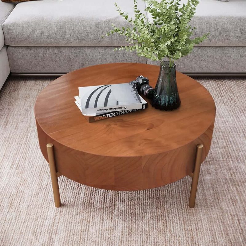"Rustic Round Coffee Table with Solid Wood Tabletop Metal Legs"