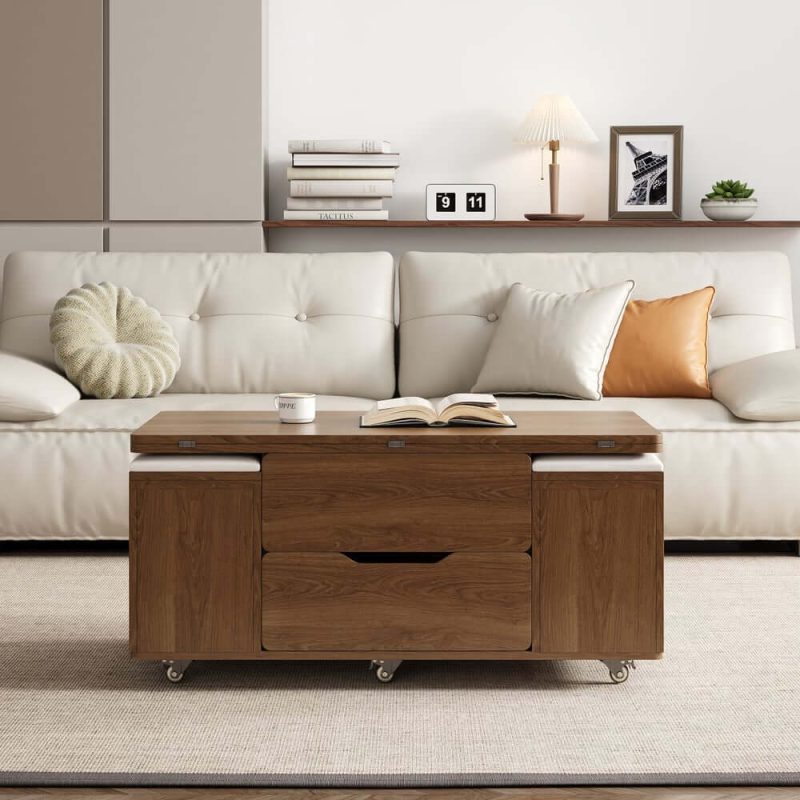 "39" Lift-Top Foldable Walnut Coffee Table with 4 Stools & Storage"