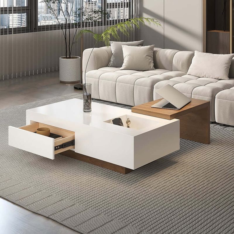 "White & Walnut Extendable Rectangle Coffee Table with Drawer & Sliding Storage"