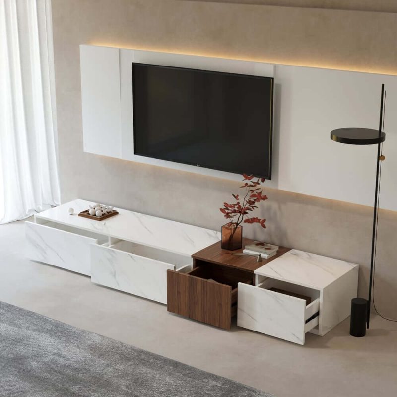 "Vewal 78.9" Modern Wood Block TV Stand Marble & Walnut Veneer in White with 4  Drawers"