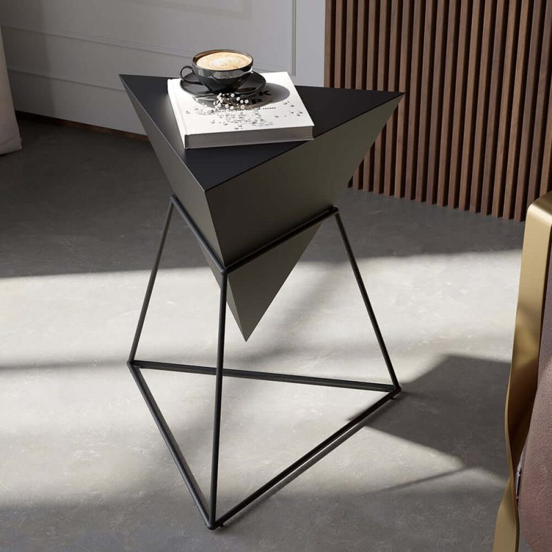 "Triangle Wood Side Table with Metal Base"