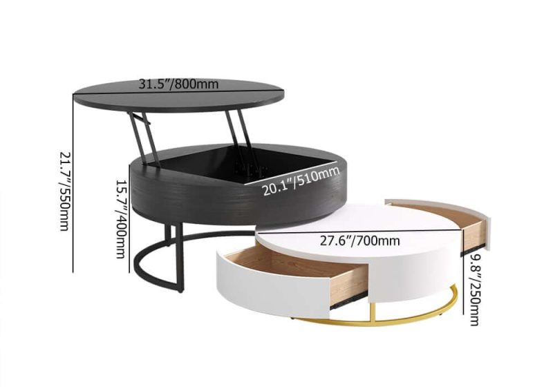 "Dimension of Nesnesis Modern Round Lift-top Nesting Wood Coffee Table with Drawers White & Black"