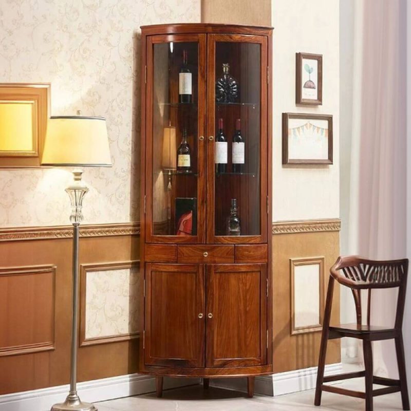 "Old School Corner Accent Cabinet with Light, Soft Close Drawer, Glass Door, Brown Top, and Cabinet Knobs, 21"L x 21"W x 83"H"