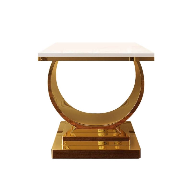 "Postmodern White End Table with Stainless Steel Base Crescent Moon Deisgn"