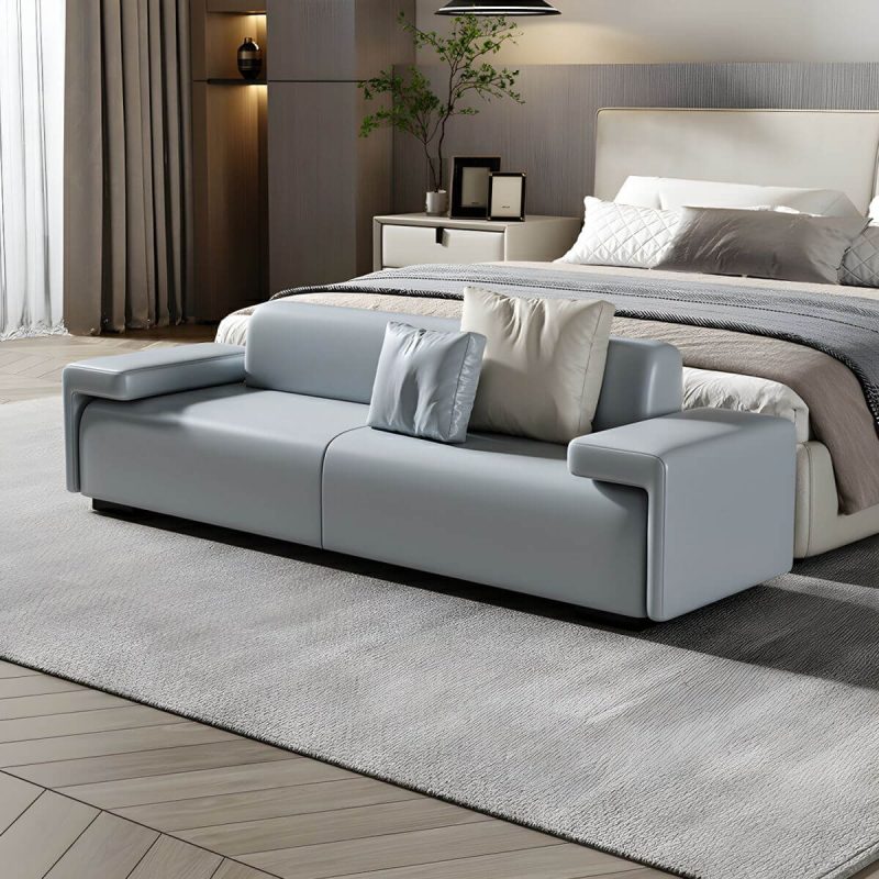 "Modern Solid Color Leather Upholstered Bedroom Bench with Arms - 71"L x 18"W x 22"H Blue With Back"