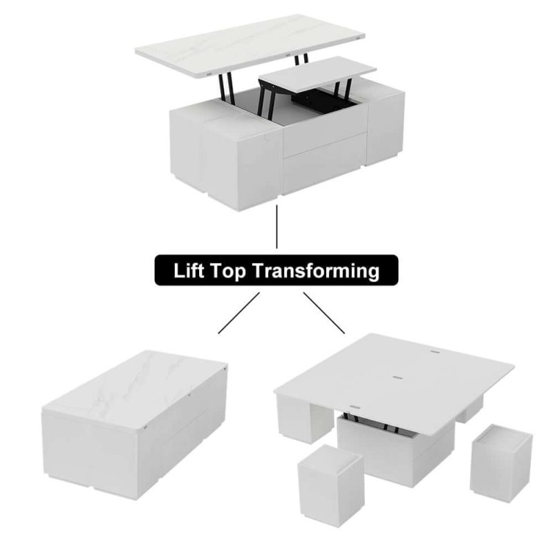 "Modern White Lift Top Marble Coffee Table with Drawers & Storage Multifunction Table"