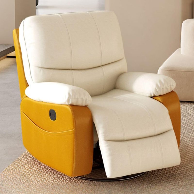 "Contemporary Reclining Reading Chair with Pocket Storage, Timber Frame, Standard Base, Lumbar Support, Locking Back Angle, and Independent Foot Movement, Orange/ White"