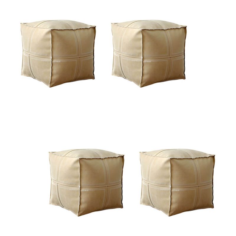 "Geometric Genuine Leather Square Pouf Ottoman for Modern Style - Removable Cushion Cover Included - Beige 4 Piece Set"