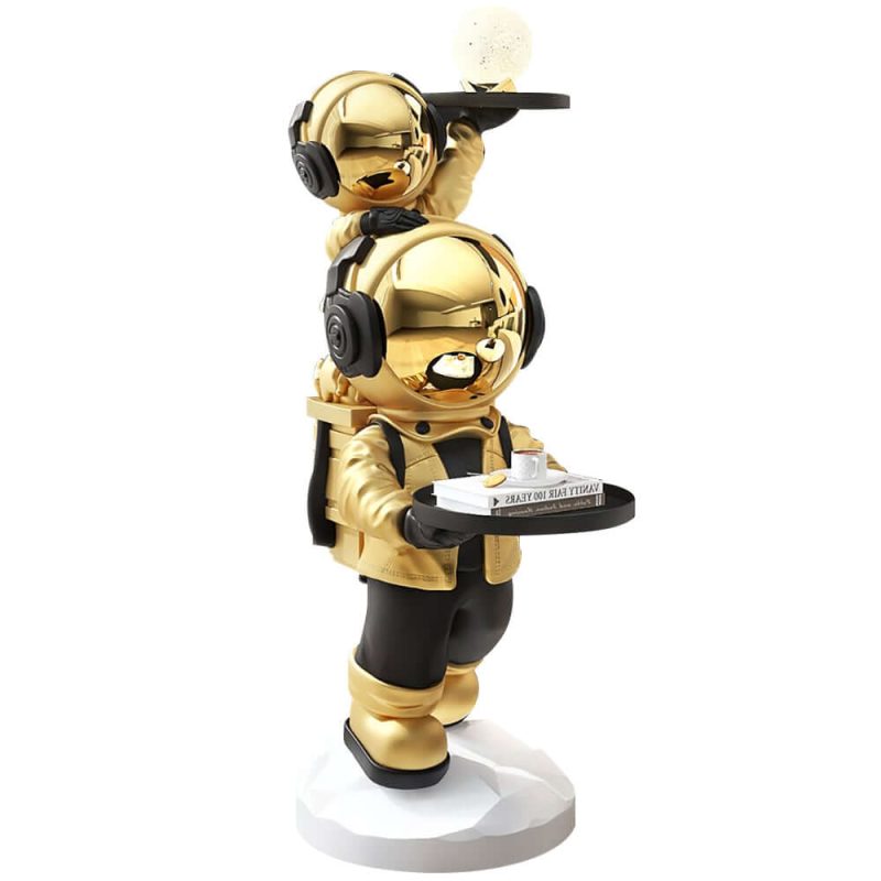 "Astronaut Resin Figurine Gold Side Table with Tray Top"