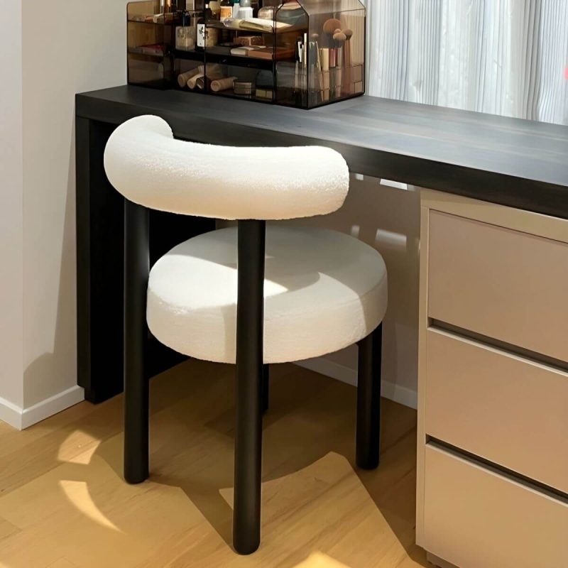 "Contemporary Vanity Stool with Back, Sherpa Upholstered and Black Legs - Beige"