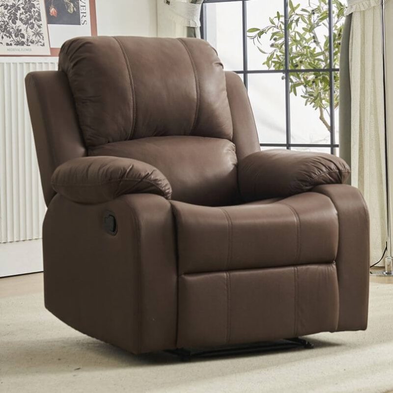 "Manual Recliner with Rotating Base, Lumbar Support, Wood Frame, Independent Foot Movement, Locking Back Angle, Solid Color, and Simple Style, Dark Brown, Tech Cloth"