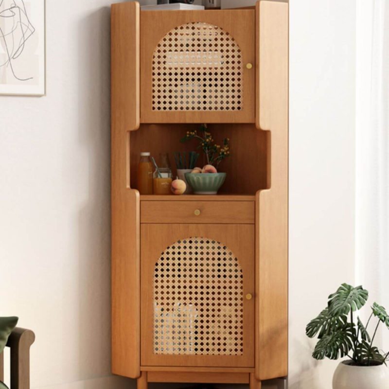 "Modern Simple Style Utility Storage Cabinet with Changeable Shelf, Drawer, Nook Shape, Pull Knobs, Cocoa Top, and Hutch, Black, Rattan-Weaved Door, 17"L x 17"W x 63"H"