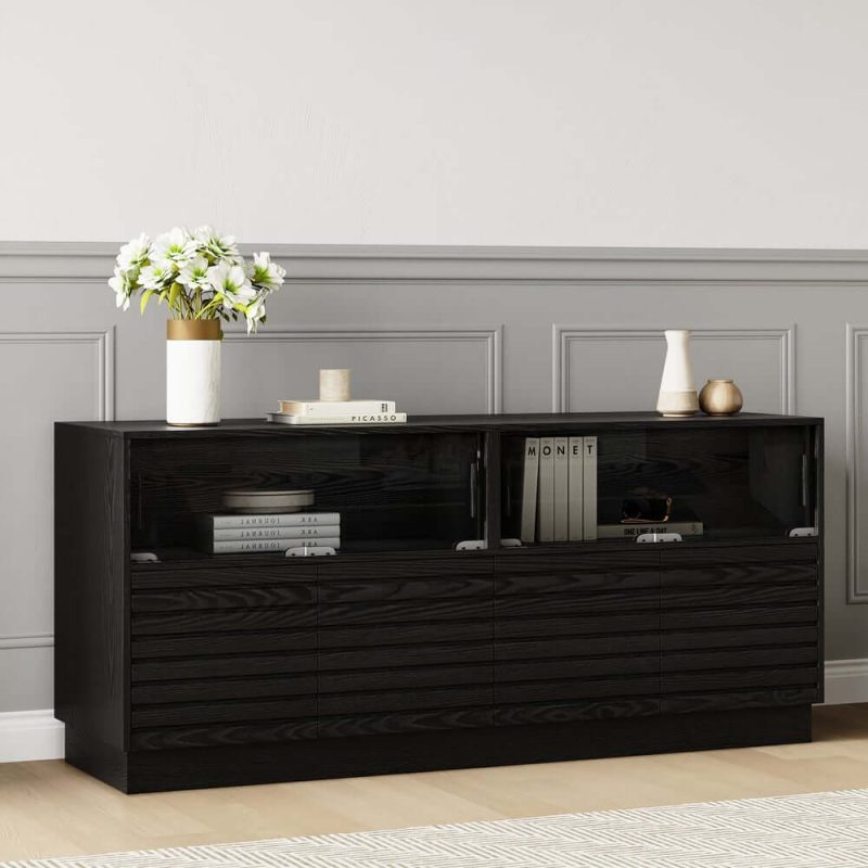 "Lumoe Modern Black Rectangular Acrylic LED Lights TV Stand with Storage Media Console"