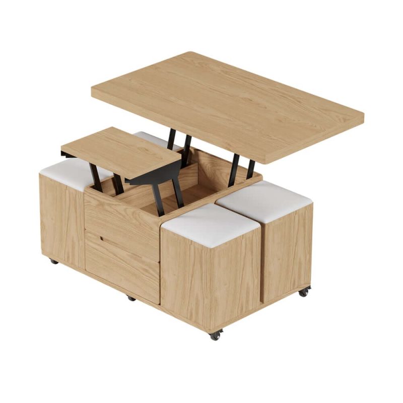 "39" Lift-Top Foldable Natural Coffee Table with 4 Stools & Storage"