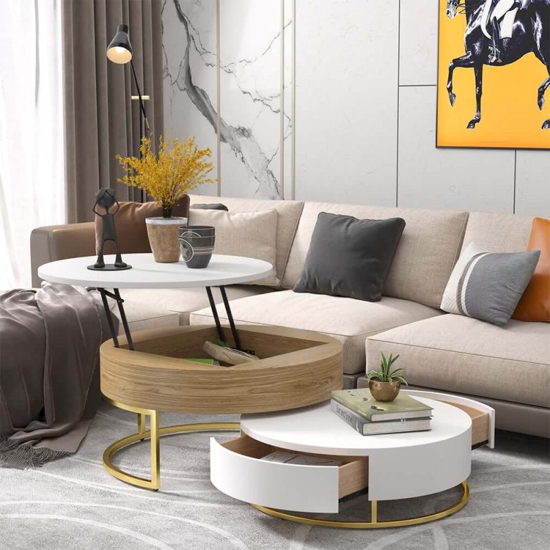 "Nesnesis Modern Round Lift-top Nesting Wood Coffee Tables with 2 Drawers White & Natural"