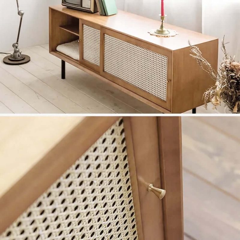 "Cottage Natural 60 inch TV Stand with Rattan Woven Doors & Adjustable Shelves"
