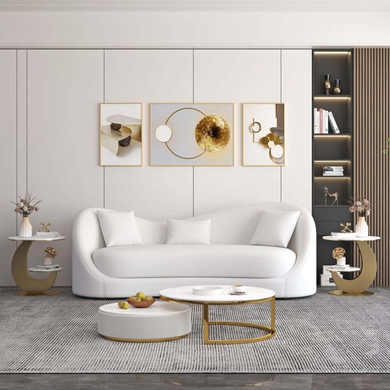 "20" Round Sintered Stone 2-Tier Gold Moon-Shaped Side Table"