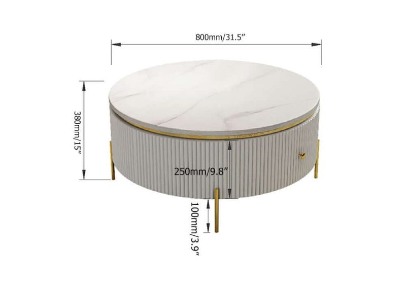 "Dimension of Yelly Modern Round Coffee Table with Storage Sintered Stone Accent Table Stainless Steel"