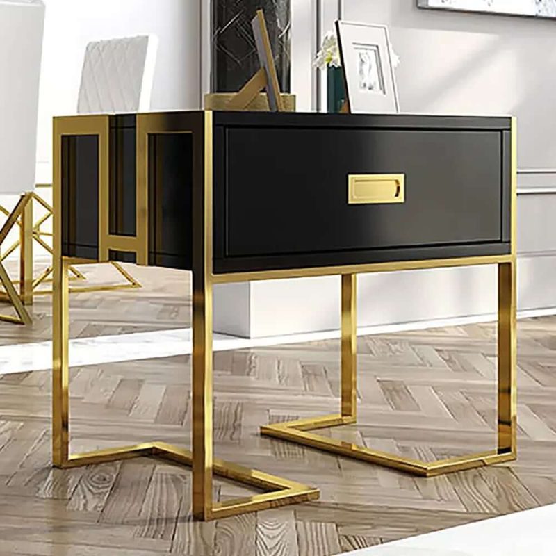 "Jocise Modern Black Wooden End Table with 1 Drawer & Golden Double Pedestal"