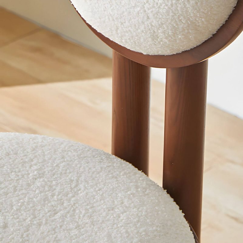 "Modern Vanity Stool with Round Back, White Upholstered and Wood Straight Legs - Walnut Design 1"