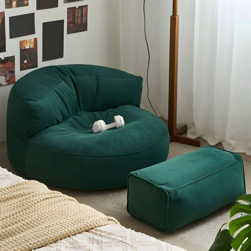 "Water Resistant Fabric Bean Bag Chair with Pre-Filled Abrasion Resistance - Dark Green Bean Bag Chair with Ottoman"