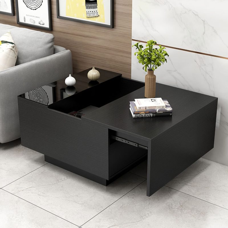 "23.6" Modern Black Wood Sqaure End Table with Storage"