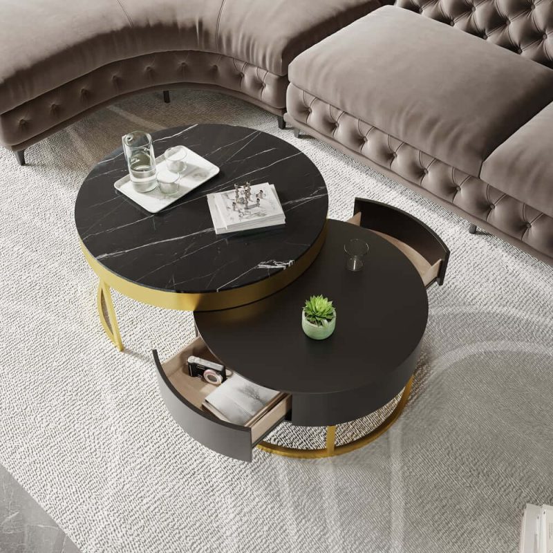 "Nesnesis Modern Black Round Marble Veneer Nesting Wood Coffee Table with Storage"