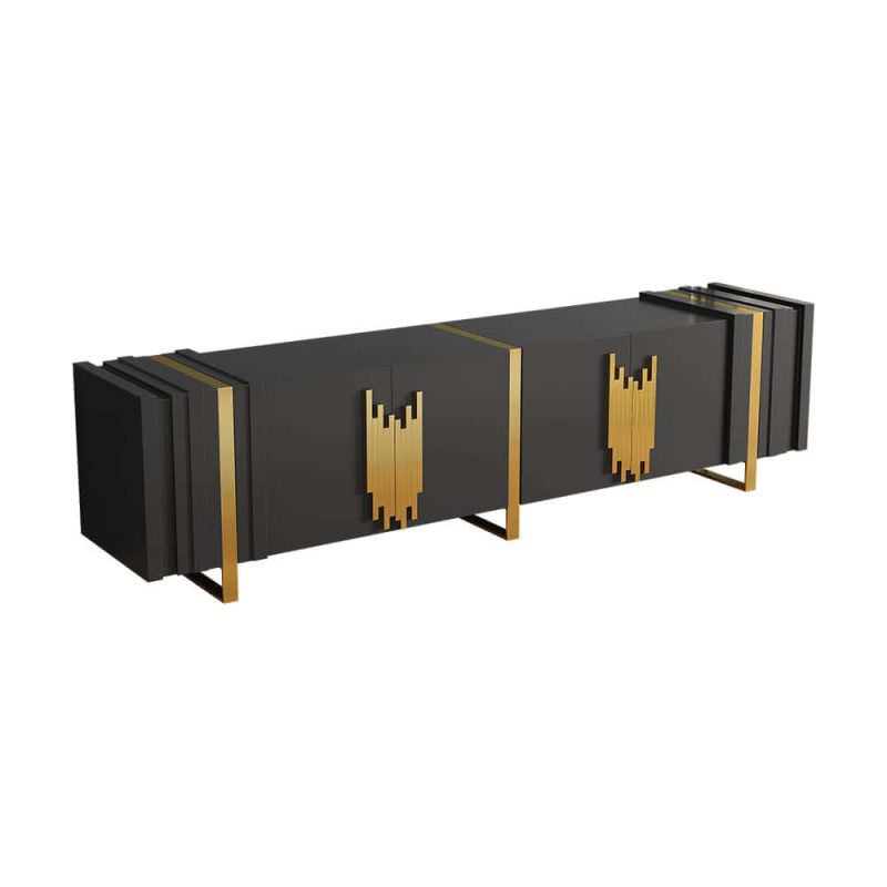 "Aurea 78.7" Light Luxury TV Stand Black Rectangular with 4 Doors & 2 Shelves in Gold"