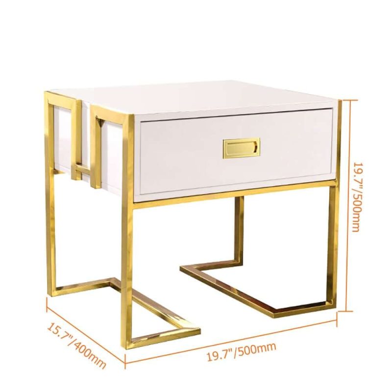"Dimension of Jocise Modern White Side Table Wooden End Table with 1 Drawer & Golden Double Pedestal"