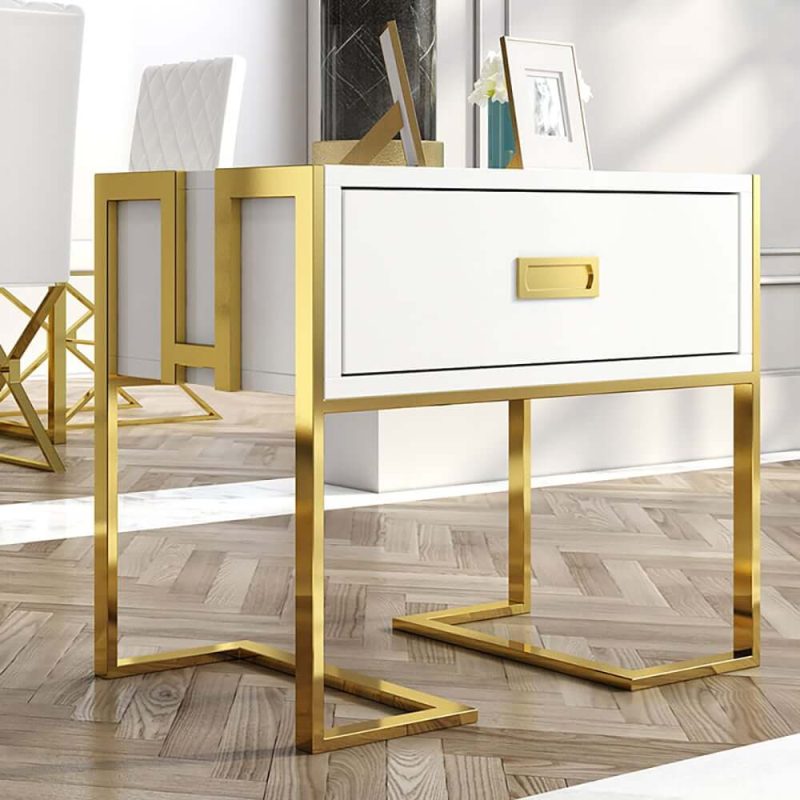 "Jocise Modern White Side Table Wooden End Table with 1 Drawer & Golden Double Pedestal"
