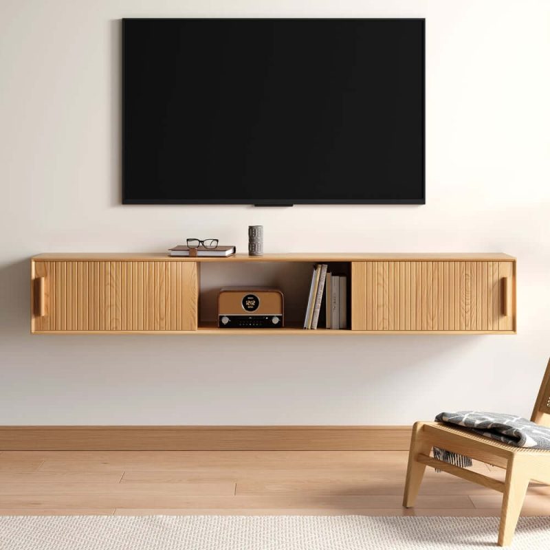 "70.9" Floating Wood Fluted TV Stand with Storage"