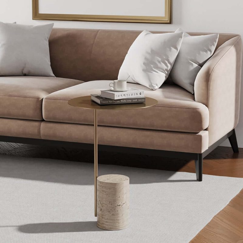 "Beige Modern Stone Travertine Side Table with Stainless Steel in Gold Frame"
