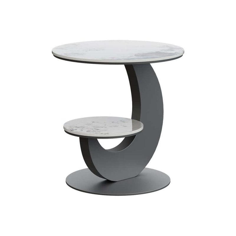 "20" Round Sintered Stone 2-Tier Moon-Shaped Side Table"
