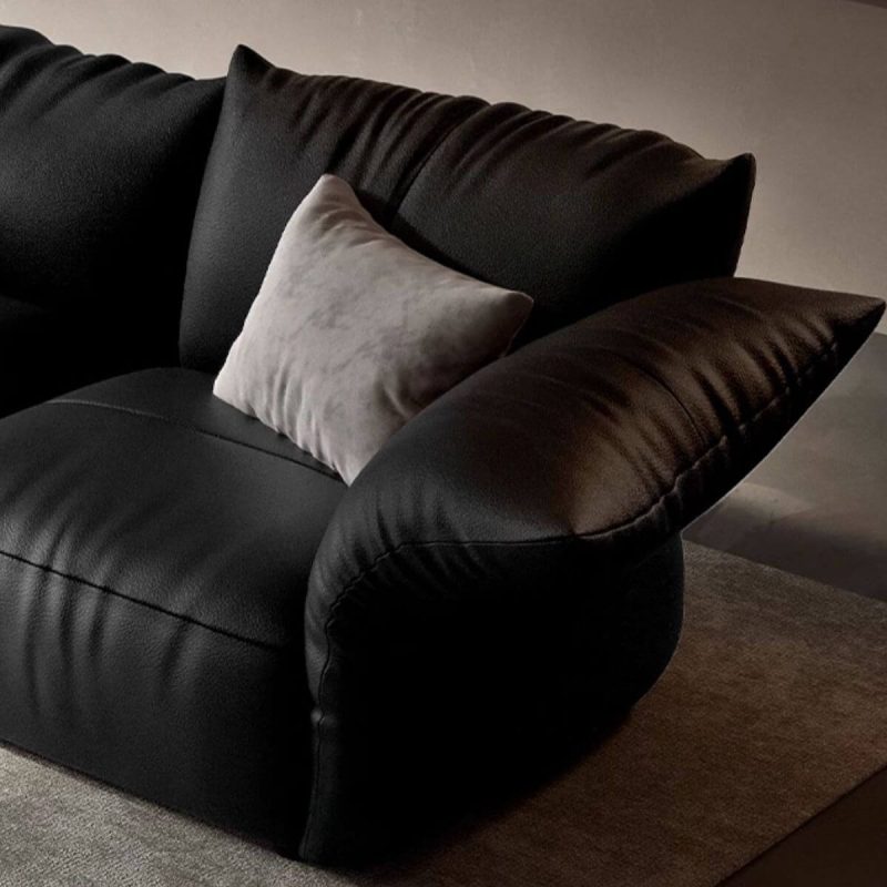 "Black Leather L-Shape Sofa Chaise with Left Orientation, 134"L x 61"W x 39"H"