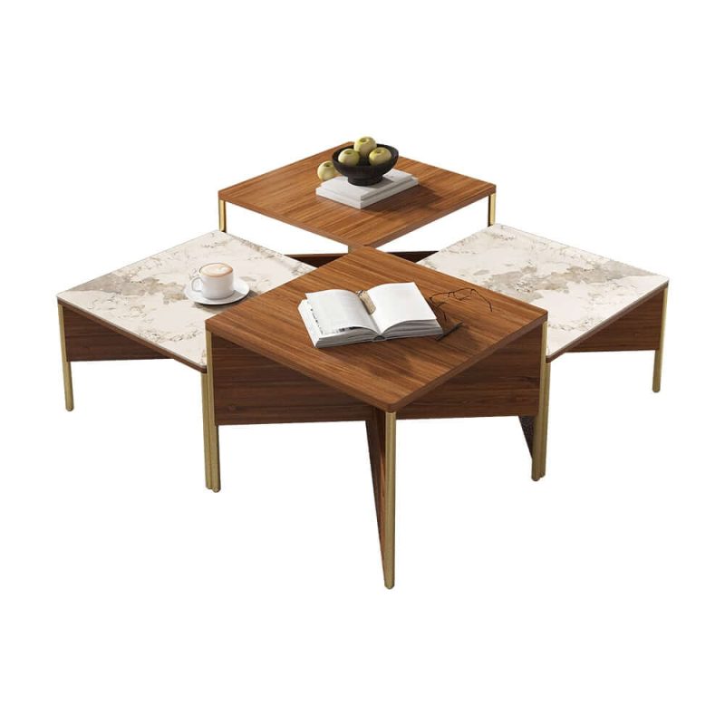 "39.4" Square Modern Sintered Stone Coffee Table Walnut Veneer Coffee Table in Gold Frame"