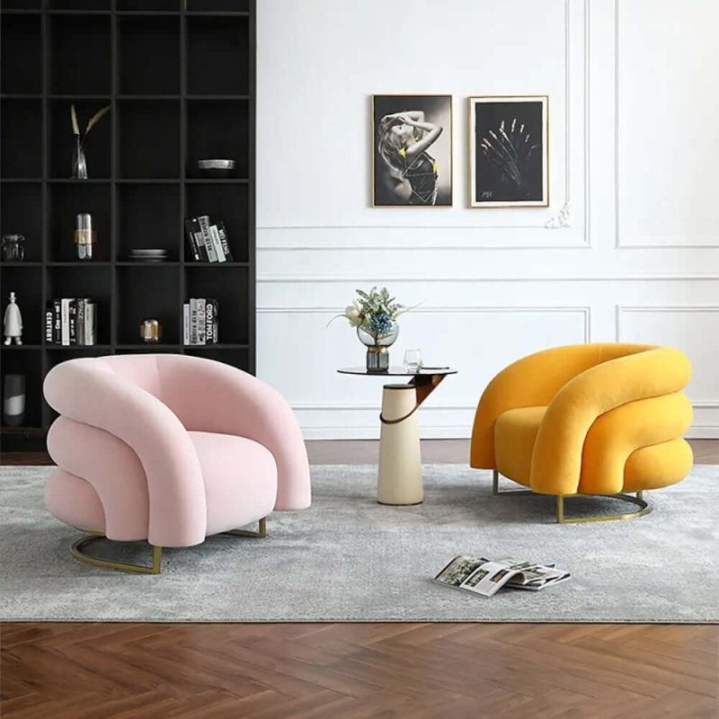 "Creative & Modern Yellow Solid Wood & Velvet Accent Chair with Metal Base"