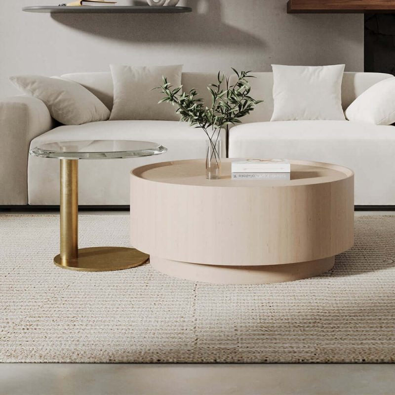 "Set of 2 Round Nesting Coffee Table Set White Oak with 2 Drawers in White & Clear & Gold"