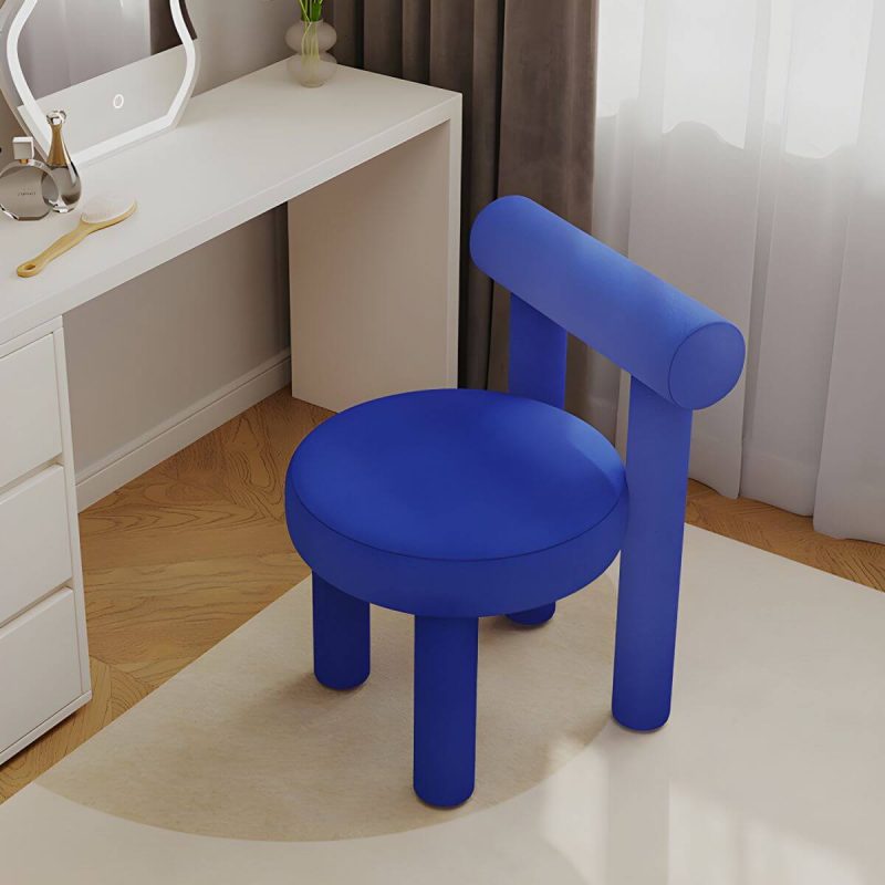 "Solid Color Upholstered Vanity Stool with Tall Back and Metal Legs in Modern Design - Blue Flannel"