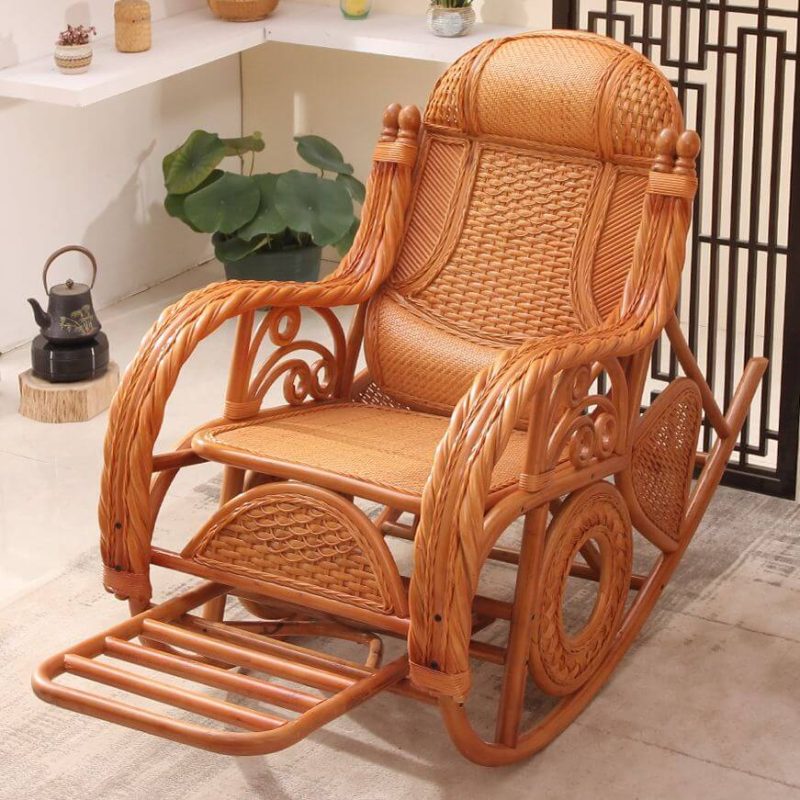 "Ergonomic Cane Rocking Chair with Massage Feature, Rear Back, and Stationary Design, Cherry Wood"